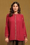 Buy_Ritu Kumar_Red Viscose Crepe Embroidery Abstract Band Collar Sophie Butti Top _at_Aza_Fashions