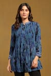 Buy_Ritu Kumar_Blue Viscose Chiffon Print Niagara Band Collar Shirt _at_Aza_Fashions