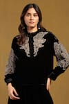 Buy_Ritu Kumar_Black Silk Velvet Embroidery Phoenix Floral Mandarin Collar Top _at_Aza_Fashions