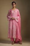 Buy_Nadima Saqib_Pink Kurta Tissue Embroidered Applique V-neck Floral Long Pant Set _at_Aza_Fashions