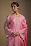 Nadima Saqib_Pink Kurta Tissue Embroidered Applique V-neck Floral Long Pant Set _Online_at_Aza_Fashions