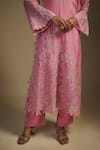 Buy_Nadima Saqib_Pink Kurta Tissue Embroidered Applique V-neck Floral Long Pant Set _Online_at_Aza_Fashions