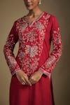 Nadima Saqib_Red Kurta Chanderi Embroidered Applique Notched Floral Bodice Palazzo Set _at_Aza_Fashions