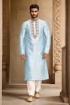 Buy_Arihant Rai Sinha_Blue Art Silk Embroidery Zardozi Paisley Kurta Set _at_Aza_Fashions