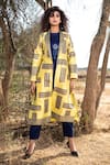 Buy_The Home Affair_Yellow Silk Hand Block Printed Lapel Collar Motif Long Jacket _at_Aza_Fashions