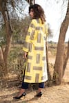 Shop_The Home Affair_Yellow Silk Hand Block Printed Lapel Collar Motif Long Jacket _at_Aza_Fashions