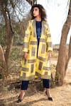 The Home Affair_Yellow Silk Hand Block Printed Lapel Collar Motif Long Jacket _Online_at_Aza_Fashions