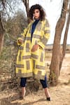 Shop_The Home Affair_Yellow Silk Hand Block Printed Lapel Collar Motif Long Jacket _Online_at_Aza_Fashions