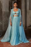 SSHILPA SAMRIYA_Blue Malai Chanderi Hand Embroidered Floral Blouse Cape With Lehenga Set _Online_at_Aza_Fashions