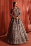 Buy_Adaara Couture_Grey Net Embroidery Jaal Plunge V-neck Floral Jewels Lehenga Set _at_Aza_Fashions