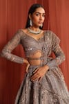 Shop_Adaara Couture_Grey Net Embroidery Jaal Plunge V-neck Floral Jewels Lehenga Set _Online_at_Aza_Fashions