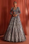 Buy_Adaara Couture_Grey Net Embroidery Dori Plunge V-neck Blooming Geometry Lehenga Set _at_Aza_Fashions