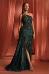 Adaara Couture_Green Organza Embroidery Dori Asymmetric Floral Bloom Cutout Gown _Online_at_Aza_Fashions