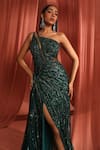 Adaara Couture_Green Organza Embroidery Dori Asymmetric Floral Bloom Cutout Gown _at_Aza_Fashions