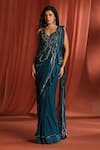 Buy_Adaara Couture_Blue Georgette Embroidery Floral Asymmetric Bloom Pre-draped Saree With Blouse _at_Aza_Fashions