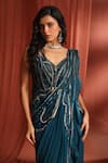 Shop_Adaara Couture_Blue Georgette Embroidery Floral Asymmetric Bloom Pre-draped Saree With Blouse _Online_at_Aza_Fashions