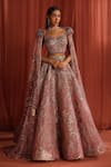 Buy_Adaara Couture_Pink Net Embroidery Sequins Queen Anne Rosy Petal Lehenga With Corset _at_Aza_Fashions