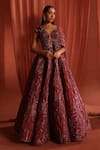 Buy_Adaara Couture_Maroon Organza Embroidery Abstract Lines Plunge Petal Wings Lehenga With Blouse _at_Aza_Fashions