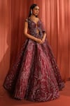 Buy_Adaara Couture_Maroon Organza Embroidery Abstract Lines Plunge Petal Wings Lehenga With Blouse _Online_at_Aza_Fashions