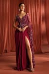 Buy_Adaara Couture_Maroon Net Embroidery Sequins Plunge V-neck Petal Wings Gown Style Saree _at_Aza_Fashions