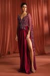 Buy_Adaara Couture_Maroon Net Embroidery Sequins Plunge V-neck Petal Wings Gown Style Saree _Online_at_Aza_Fashions