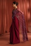 Shop_Adaara Couture_Maroon Net Embroidery Sequins Plunge V-neck Petal Wings Gown Style Saree _Online_at_Aza_Fashions