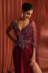 Adaara Couture_Maroon Net Embroidery Sequins Plunge V-neck Petal Wings Gown Style Saree _at_Aza_Fashions