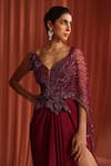 Buy_Adaara Couture_Maroon Net Embroidery Sequins Plunge V-neck Petal Wings Gown Style Saree 