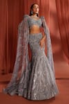 Adaara Couture_Grey Net Embroidery Sequins Plunge Floral Dream Fishcut Lehenga With Blouse _Online_at_Aza_Fashions