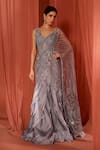 Buy_Adaara Couture_Grey Organza Embroidery Sequins Plunge V-neck Floral Dream Fishcut Saree Gown _at_Aza_Fashions