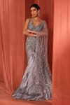 Adaara Couture_Grey Organza Embroidery Sequins Plunge V-neck Floral Dream Fishcut Saree Gown _Online_at_Aza_Fashions