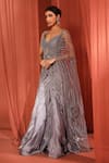 Buy_Adaara Couture_Grey Organza Embroidery Sequins Plunge V-neck Floral Dream Fishcut Saree Gown _Online_at_Aza_Fashions