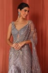 Shop_Adaara Couture_Grey Organza Embroidery Sequins Plunge V-neck Floral Dream Fishcut Saree Gown _Online_at_Aza_Fashions