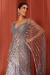 Adaara Couture_Grey Organza Embroidery Sequins Plunge V-neck Floral Dream Fishcut Saree Gown _at_Aza_Fashions