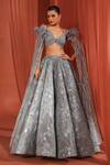 Buy_Adaara Couture_Grey Organza Embroidery Feather Plunge V-neck Crystal Lehenga With Blouse _at_Aza_Fashions