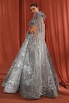 Adaara Couture_Grey Organza Embroidery Feather Plunge V-neck Crystal Lehenga With Blouse _Online_at_Aza_Fashions