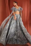 Buy_Adaara Couture_Grey Organza Embroidery Feather Plunge V-neck Crystal Lehenga With Blouse _Online_at_Aza_Fashions