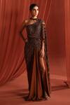 Buy_Adaara Couture_Brown Net Embroidery Sequins Closed Mystic Geometric Saree Gown _at_Aza_Fashions