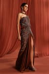 Buy_Adaara Couture_Brown Net Embroidery Sequins Closed Mystic Geometric Saree Gown _Online_at_Aza_Fashions