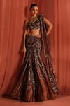 Buy_Adaara Couture_Brown Net Embroidery Sequin One Shoulder Mystic Geometric Lehenga With Blouse _at_Aza_Fashions