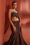 Adaara Couture_Brown Net Embroidery Sequin One Shoulder Mystic Geometric Lehenga With Blouse _at_Aza_Fashions