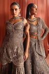 Adaara Couture_Grey Net Embroidery Geometric Sweetheart Jaal Jewels Short Kurta And Sharara Set _at_Aza_Fashions