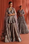 Shop_Adaara Couture_Grey Net Embroidery Dori Plunge V-neck Blooming Geometry Kurta And Sharara Set _Online_at_Aza_Fashions