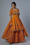 Buy_STUDIO A_Orange Satin Silk Embroidery Ambrosia U Neck Anarkali And Lehenga Set _at_Aza_Fashions