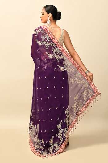 Shop_Kalighata_Purple Organza Crystals, Embroidery Asymmetric Cutdana Border Saree With Blouse _at_Aza_Fashions
