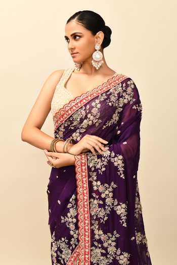Buy_Kalighata_Purple Organza Crystals, Embroidery Asymmetric Cutdana Border Saree With Blouse _Online_at_Aza_Fashions