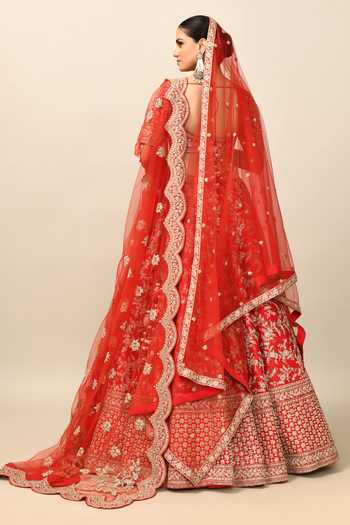 Shop_Kalighata_Red Silk, Net Zari, Sequins, Cut Work, Harshita Raw Bridal Lehenga Set _at_Aza_Fashions