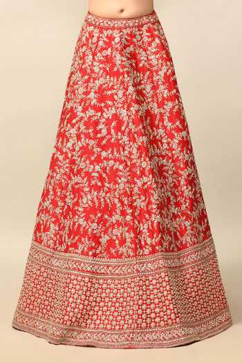 Kalighata_Red Silk, Net Zari, Sequins, Cut Work, Harshita Raw Bridal Lehenga Set _Online_at_Aza_Fashions