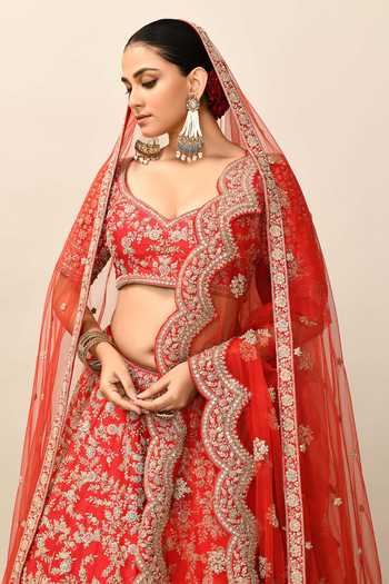 Buy_Kalighata_Red Silk, Net Zari, Sequins, Cut Work, Harshita Raw Bridal Lehenga Set _Online_at_Aza_Fashions