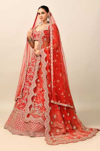 Shop_Kalighata_Red Silk, Net Zari, Sequins, Cut Work, Harshita Raw Bridal Lehenga Set _Online_at_Aza_Fashions